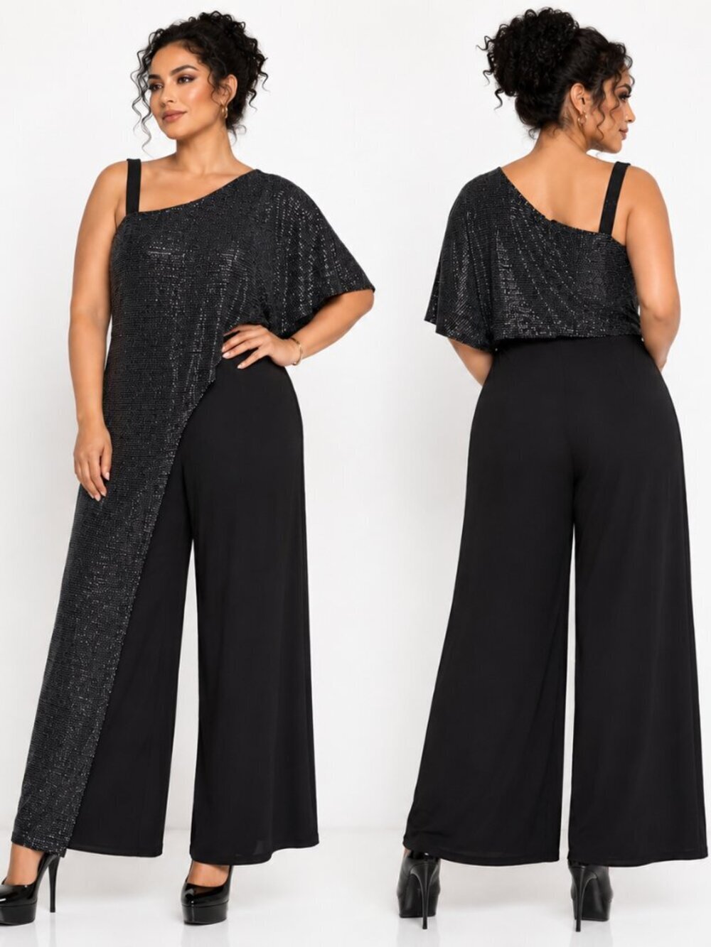 R&M Richards Petite One Shoulder Sequin Overlay Jumpsuit Black 12P 5871P